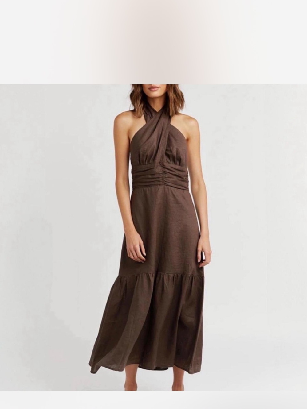 Dishh Harrier Linen Dress Womens 8 Dark Chocolate Brown Halter Midi Tiered